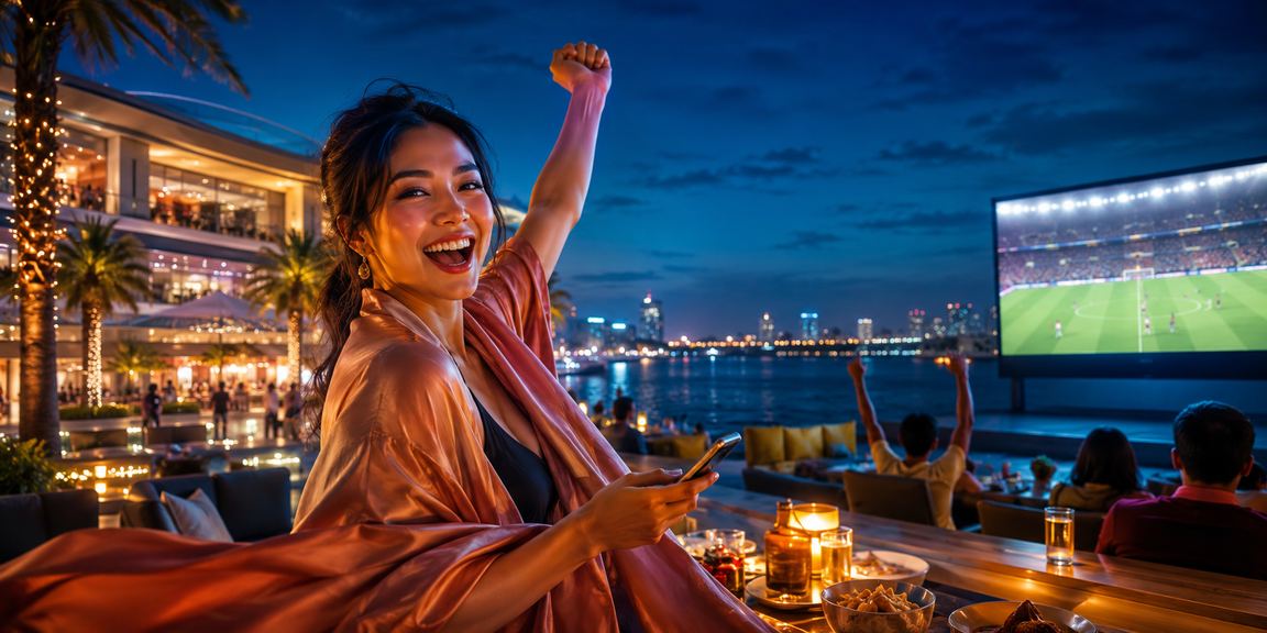 Model berpose elegan di depan layar kasino online dengan suasana mewah dan glamor