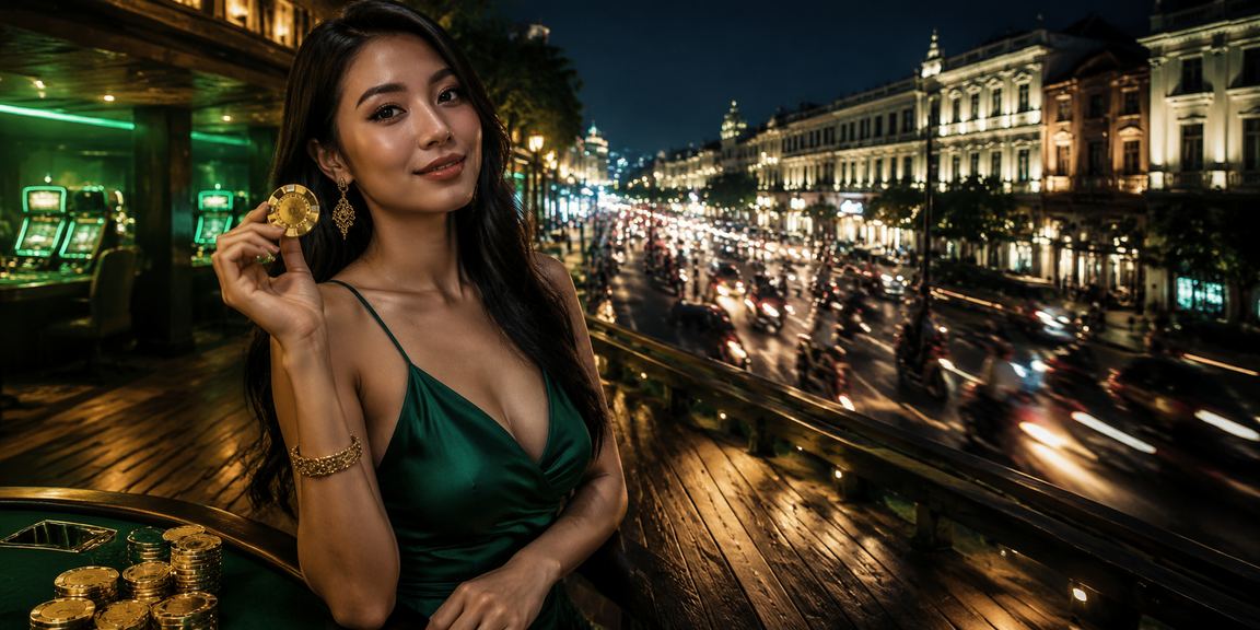 Tampilan layar kasino online dengan efek cahaya neon berwarna-warni di malam hari