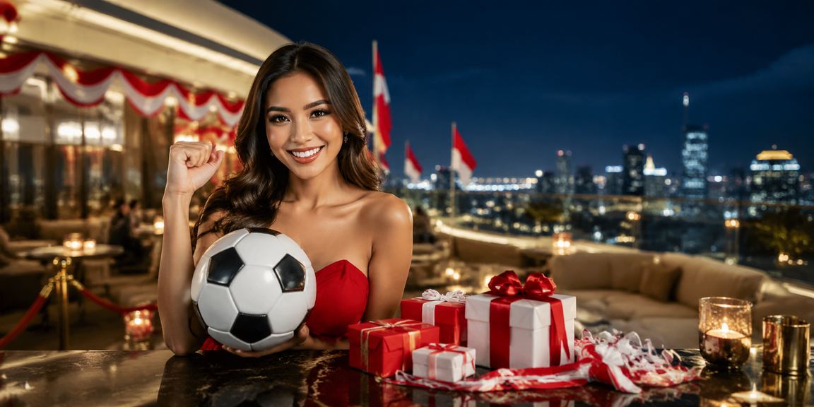 Suasana festival betting sepak bola yang ramai dengan dekorasi warna-warni dan layar skor pertandingan